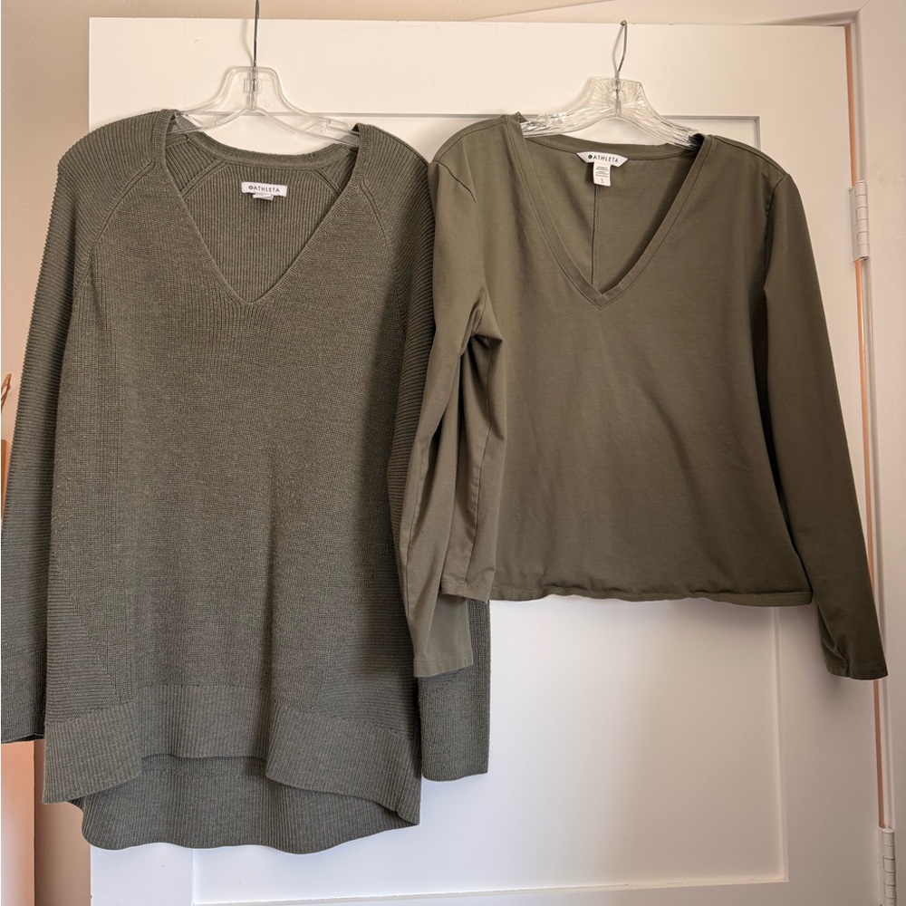 Two Athleta Olive Green V-Neck Tops - Knit Sweater & Long Sleeve Essential Tee L - Picture 8 of 9